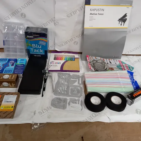 BOX OF ASSORTED HOUSEHOLD ITEMS TO INCLUDE BLU TACK, FINE TIP MARKERSS AND KITCHEN ACCESSORIES