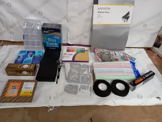 BOX OF ASSORTED HOUSEHOLD ITEMS TO INCLUDE BLU TACK, FINE TIP MARKERSS AND KITCHEN ACCESSORIES