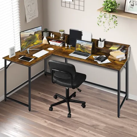 BOXED COSTWAY 65.5" L-SHAPED COMPUTER DESK HOME OFFICE CORNER TABLE W/BOOKSHELF - RUSTIC