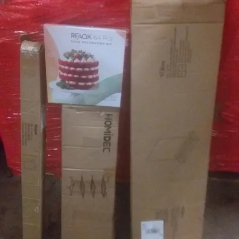 PALLET OF ASSORTED ITEMS INCLUDING 4 TIER STORAGE CART, CHAIR MAT, CAKE DECORATING KIT, COAT RACK