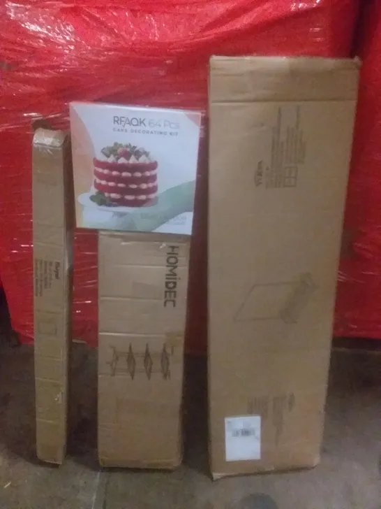 PALLET OF ASSORTED ITEMS INCLUDING 4 TIER STORAGE CART, CHAIR MAT, CAKE DECORATING KIT, COAT RACK