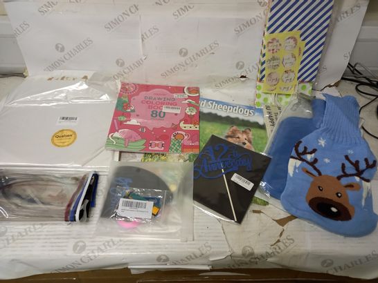 BOX OF APPROX 10 ASSORTED ITEMS TO INCLUDE HOT WATER BOTTLE AND COVER, COLOURING BOOK, PAPER PARTY BAGS