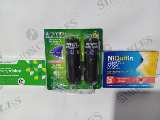 APPROXIMATELY 20 ASSORTED HOUSEHOLD ITEMS TO INCLUDE NIQUITIN NICOTINE PATCHES, EASYVISION CONTACT LENSES, NICORETTE MOUTHSPRAY, ETC