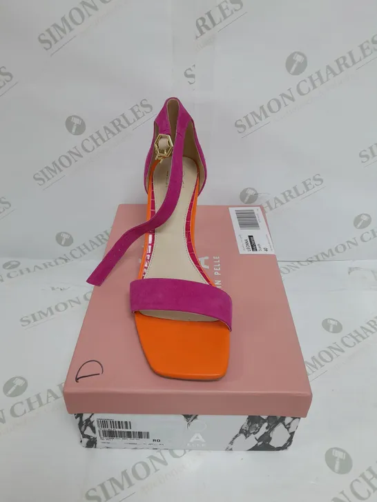 BOXED PAIR OF MODA IN PELLE PURPLE & ORANGE OPEN TOE HIGH HEELS - SIZE 7