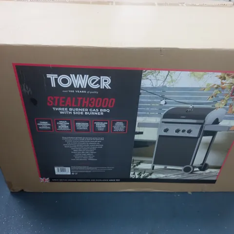 BOXED TOWER STEALTH 3000 3 BURNER GAS BBQ WITH SIDE BURNER