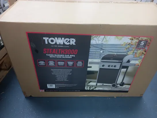 BOXED TOWER STEALTH 3000 3 BURNER GAS BBQ WITH SIDE BURNER