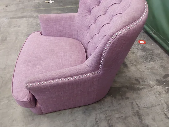 DESIGNER UPHOLSTERED BUTTONED BACK CHAIR PURPLE FABRIC WITH STUDDED DETAIL 