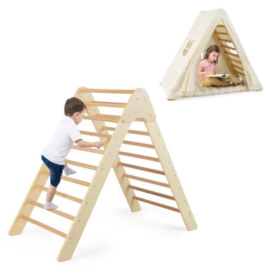 BOXED COSTWAY 2-IN-1 KIDS TRIANGLE CLIMBER WITH TENT PAD - BEIGE