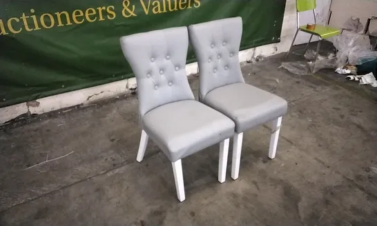 PAIR OF BEWLEY LIGHT GREY LEATHER BUTTON BACK DINING CHAIRS WITH WHITE LEGS