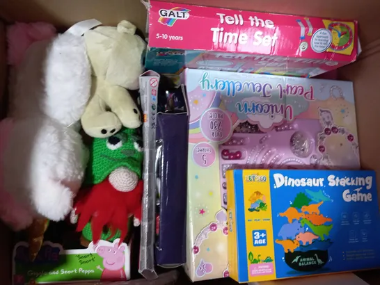 BOX OF APPROXIMATELY 10 ASSORTED TOYS AND GAMES TO INCLUDE PETER RABBIT JEMIMA PUDDLE DUCK PULL ALONG, URBAN DIE-CAST PLAY SET, HASBRO GAMING BOP IT, ETC