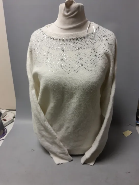 MONSOON JEWEL DETAILED CREWNECK SWEATER IN WHITE SIZE M 