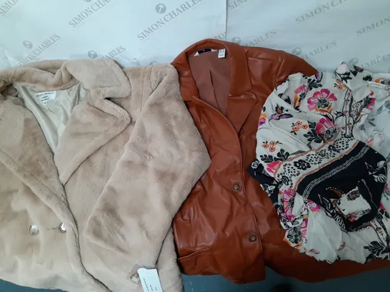 A BOX OF 10 VARIOUS CLOTHING ITEMS TO INCLUDE A HELENE BERMAN COAT A BROWN FAUX LEATHER JACKET AND A MONSOON FLOWER DESIGN TOP