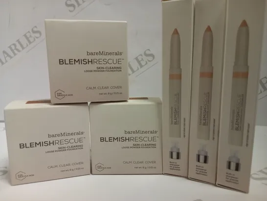 LOT OF 6 BAREMINERALS BLEMISH RESCUE SKIN-CLEARING MAKEUP TO INCLUDE LOOSE POWDER FOUNDATION (MEDIUM DARK 5CN) AND SPOT CONCEALER (FAIR 1C)