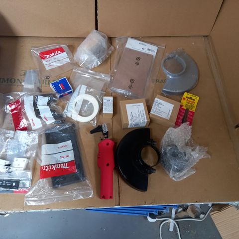 LOT OF SAPPROX 20 ASSORTED TOOLS AND PARTS TO INCLUDE SAW SHIELDS, SANDPAPER, SWITCHES ETC