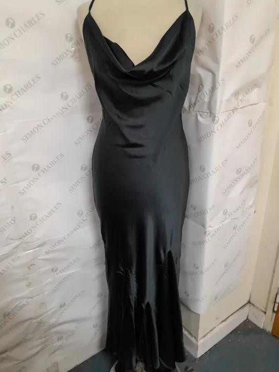 OH POLLY BACKLESS COWL NECK RUFFLE HEM MAXI DRESS IN BLACK SATIN SIZE 10