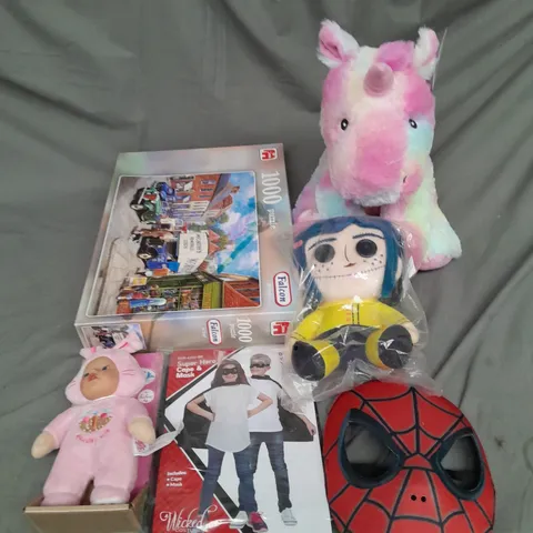 BOX OF ASSORTED TOYS AND GAMES TO INCLUDE TEDDIES, JIGAWS AND FANCY DRESS