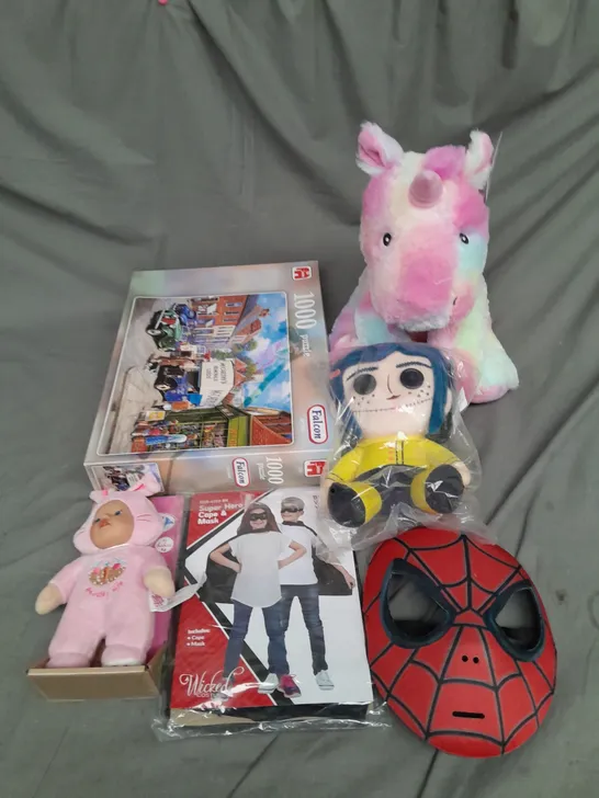 BOX OF ASSORTED TOYS AND GAMES TO INCLUDE TEDDIES, JIGAWS AND FANCY DRESS