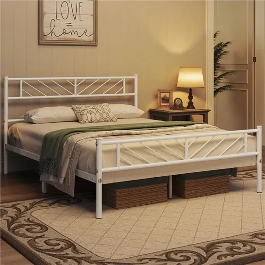 BOXED YAHEETECH MINIMALIST METAL SLATTED BED PLATFORM WITH ARROW DESIGN HEADBOARD - WHITE // SIZE: 135 X 190cm (1BOX)