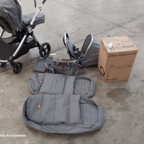 MAMAS & PAPAS STROLLER BUNDLE, INCLUDING STROLLER WITH BABY SEAT, RAIN COVER, CYBEX ATON BASE, 2 × FOOTMUFFS, INFANT SEAT, CHANGING BAG, GREY/TAN