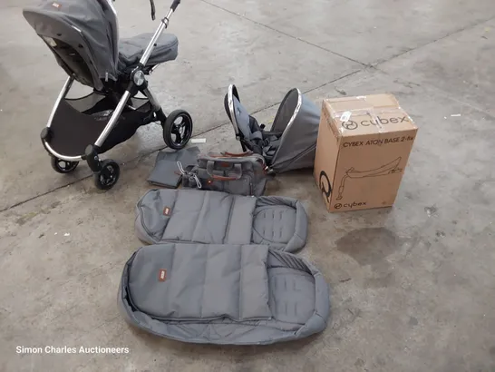 MAMAS & PAPAS STROLLER BUNDLE, INCLUDING STROLLER WITH BABY SEAT, RAIN COVER, CYBEX ATON BASE, 2 × FOOTMUFFS, INFANT SEAT, CHANGING BAG, GREY/TAN