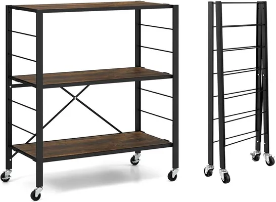 BOXED COSTWAY 4-TIER FOLDING ROLLING CART PORTABLE STORAGE SHELVES W/WHEELS NO ASSEMBLY RACK - COFFEE