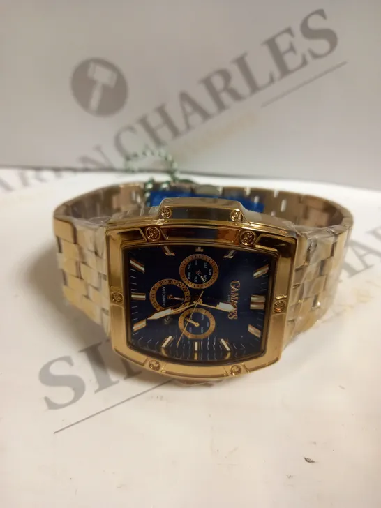 BOXED GAMAGES LONDON MAGNITUDE ROSE GOLD BLUE DIAL STAINLESS STEEL CHAIN LINK STRAP WATCH 