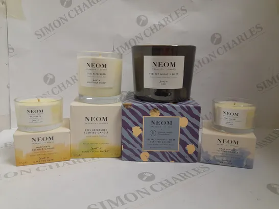 FOUR NEOM SCENTED CANDLES TO INCLUDE PERFECT NIGHTS SLEEP, FEEL REFRESHED AND HAPPINESS