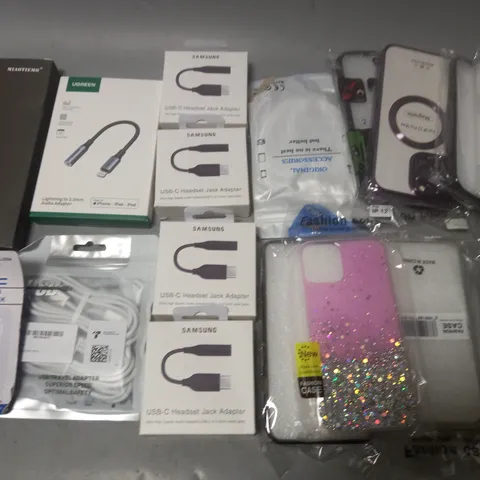 LOT OF ASSORTED MOBILE PHONE ACCESSORIES TO INCLUDE CASES, USB-C HEADSET JACK ADAPTERS AND MAINS CHARGERS