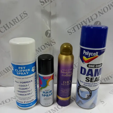 BOX OF APPROX 15 ASSORTED AEROSOLS TO INCLUDE POLYCELL DAMP SEAL, UNIQUE HAIR SPRAY, DRY SHAMPOO ETC - COLLECTION ONLY