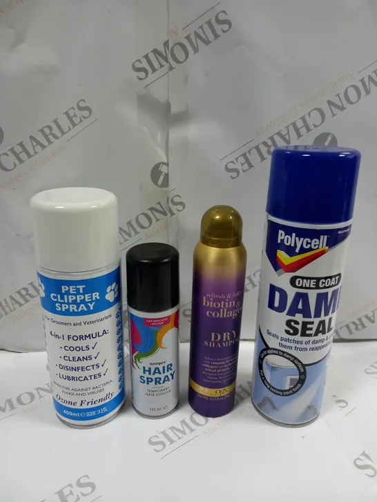 BOX OF APPROX 15 ASSORTED AEROSOLS TO INCLUDE POLYCELL DAMP SEAL, UNIQUE HAIR SPRAY, DRY SHAMPOO ETC - COLLECTION ONLY