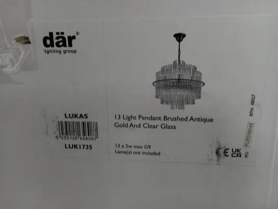 BOXED DÄR LUKAS 13 HANGING LIGHT PENDANT BRUSHED ANTIQUE GOLD & CLEAR GLASS