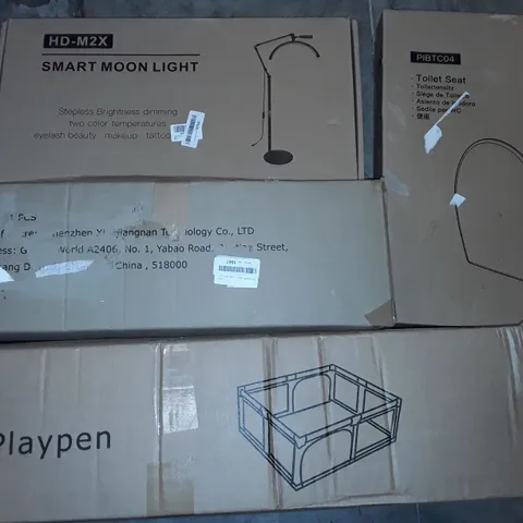 PALLET OF ASSORTED ITEMS TO INCLUDE BOXED SMART MOON LIGHT, MULTIPLE BABY'S PLAY PENS AND BOXED TOILET SEATS