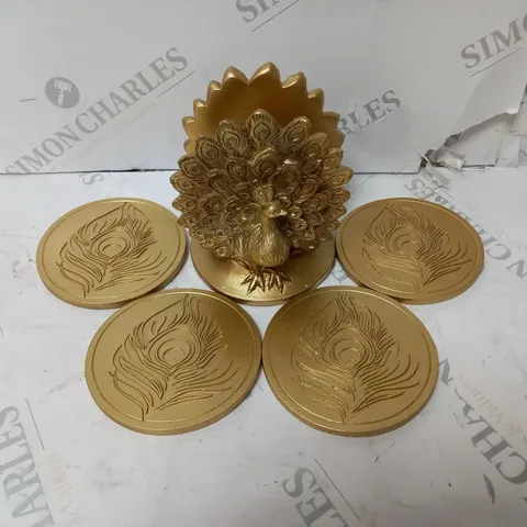 OUTLET ALISON CORK SET OF 4 PEACOCK COASTERS WITH HOLDER