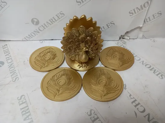 OUTLET ALISON CORK SET OF 4 PEACOCK COASTERS WITH HOLDER