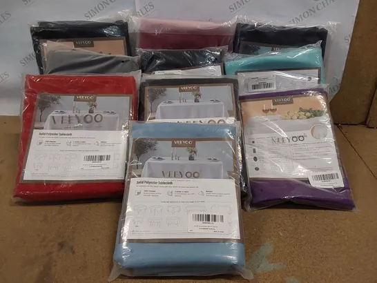 LOT OF 10X BRAND NEW BAGGED VEEYOO SOLID POLYESTER TABLECLOTHS - SIZES AND COLOURS MAY VARY (10 ITEMS)