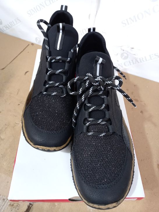 BOXED PAIR OF BLACK/GLITTER RIEKER LACE-UP HIKING TRAINERS, EU SIZE 41