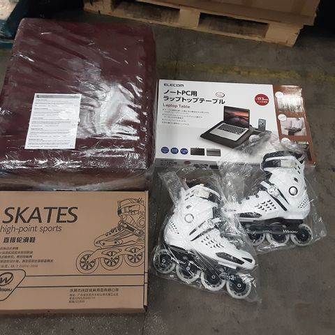 PALLET OF A LARGE NUMBER OF ASSORTED ITEMS TO INCLUDE LEEWADEE FALTBARE THAI MASSAGE MATS, ELECOM LAPTOP TABLE AND WEIQIU HIGH-POINT SPORTS SKATES