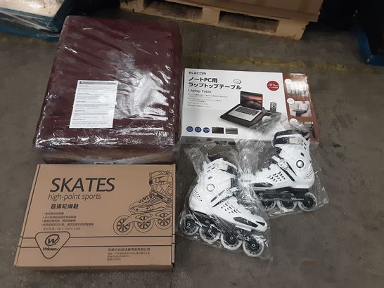 PALLET OF A LARGE NUMBER OF ASSORTED ITEMS TO INCLUDE LEEWADEE FALTBARE THAI MASSAGE MATS, ELECOM LAPTOP TABLE AND WEIQIU HIGH-POINT SPORTS SKATES