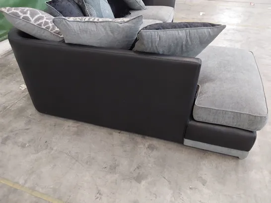 DESIGNER CHAISE SOFA WITH REVERSIBLE SCATTER CUSHIONS BLACK FAUX LEATHER & GREY FABRIC 