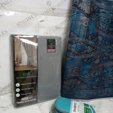 BOX OF APPROXIMATELY 5 ASSORTED ITEM TO INCLUDE BLACK OUT DOOR CURTAIN, ANTIBAC CLEANING PADS, RUG ETC 