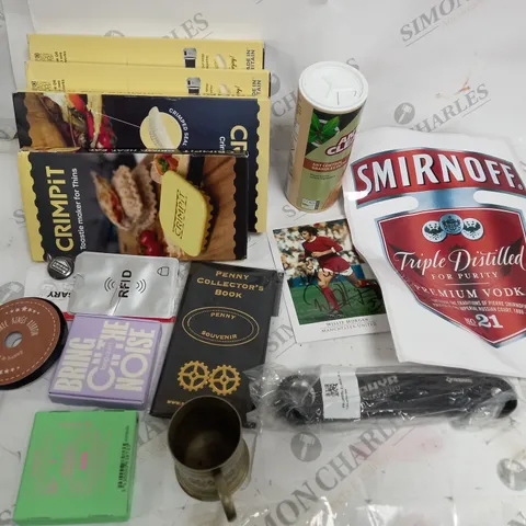  BOX OF ASSORTED HOUSEHOLD ITEMS TOO INCLUDE TOOLS , STICKERS AND MEMORABILIA 