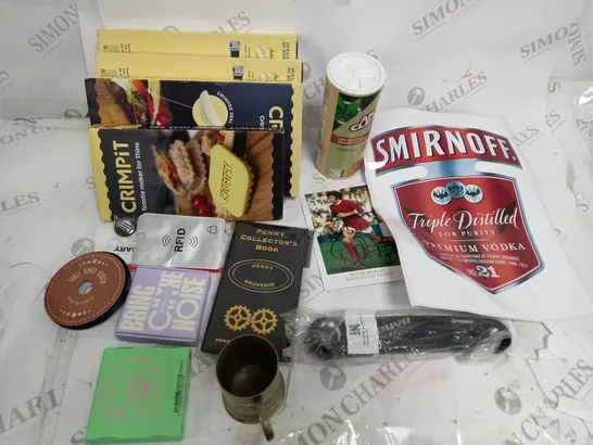  BOX OF ASSORTED HOUSEHOLD ITEMS TOO INCLUDE TOOLS , STICKERS AND MEMORABILIA 