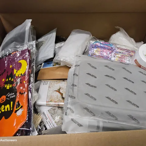 PALLET CONTAINING 6 CASES OF ASSORTED ITEMS, INCLUDING, HALLOWEN TREAT BAGS, NEEDLE CRAFT KITS, DRINKING GAMES SETS, BOOKS, PHONE HOLDERS,KIDS DRINKING CUPS.