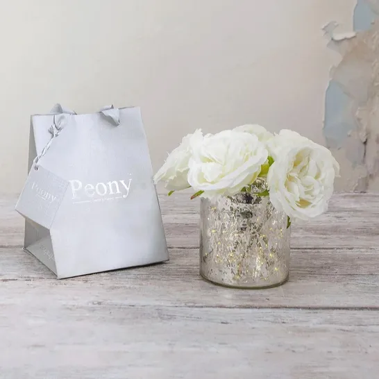 OUTLET PEONY ROSES IN A SILVER MERCURY VASE WITH LED LIGHTS