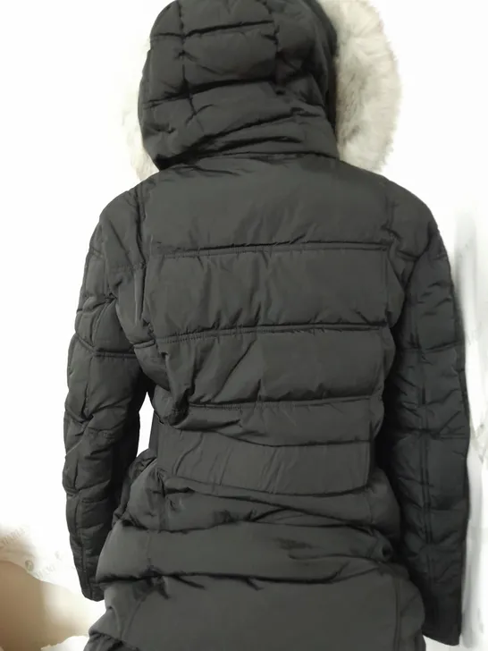 DKNY LONG PUFFER JACKET WITH FUR STYLE HOOD - SIZE 14 