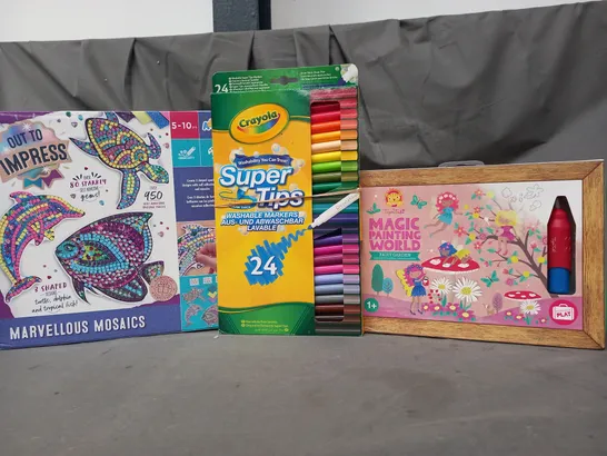 BOX OF APPROXIMATELY 20 ASSORTED TOYS AND GAMES TO INCLUDE MARVELLOUS MOSAICS, CRAYOLA SUPER TIPS, MAGIC PAINTING WORLD, ETC - COLLECTION ONLY