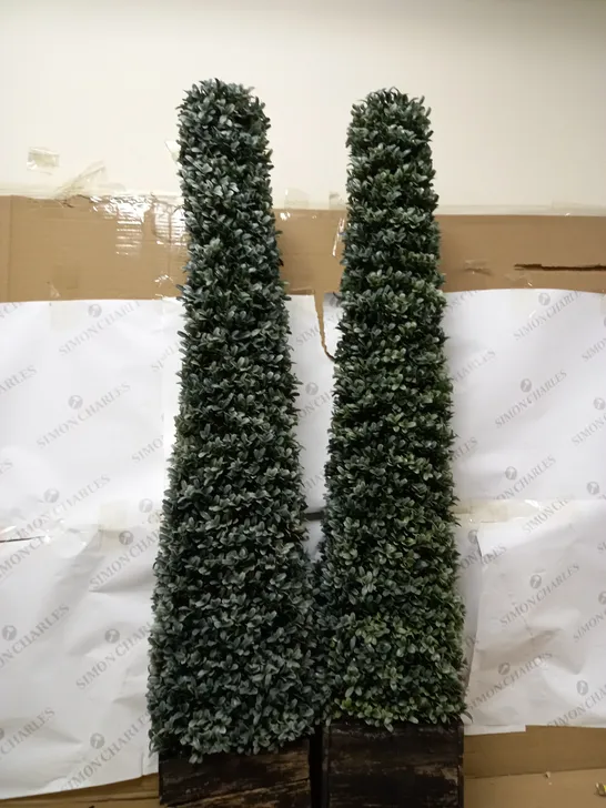 TWO MOCK 3.4ft GARDEN PLANTS IN WOODEN POTS