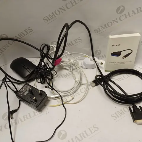 LARGE QUANTITY OF ELECTRICALS & ELECTRICAL CABLES OF VARIOUS TYPES TO INCLUDE WIRED MOUSE, IITRUST USB3.0 TO SATA ADAPTER CABLE, BT POWER SUPPLY, ETC