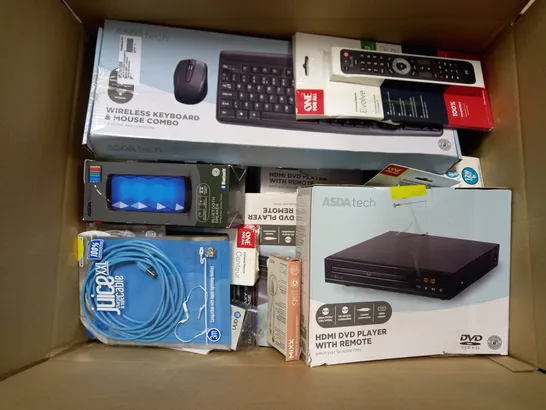 LOT OF APPROXIMATELY 40 ASSORTED ITEMS TO INCLUDE BLUETOOTH SPEAKER, WIRELESS KEYBOARD AND MOUSE COMBO, ONE FOR ALL UNIVERSAL REMOTE EVOLVE, ETC