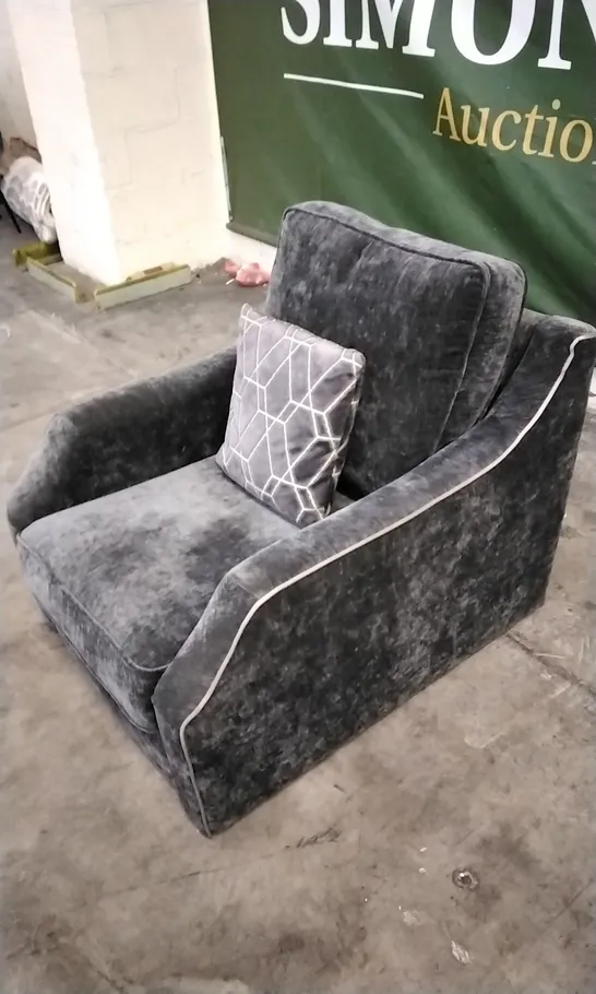 DESIGNER DARK GREY FABRIC ARMCHAIR WITH PATTERNED CUSHION